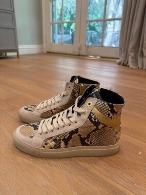 Zadig & Voltaire Beige and Gold Snake-Print High-Top Sneaker